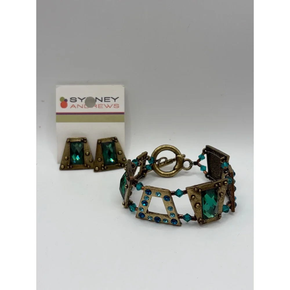 Sydney Andrews Green Crystal Brass Tone Geometric Bracelet and Earring Set